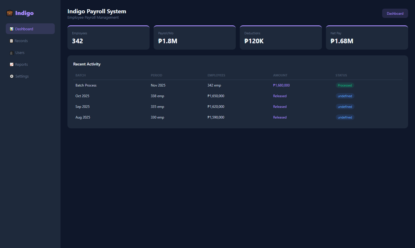Indigo Payroll System screenshot